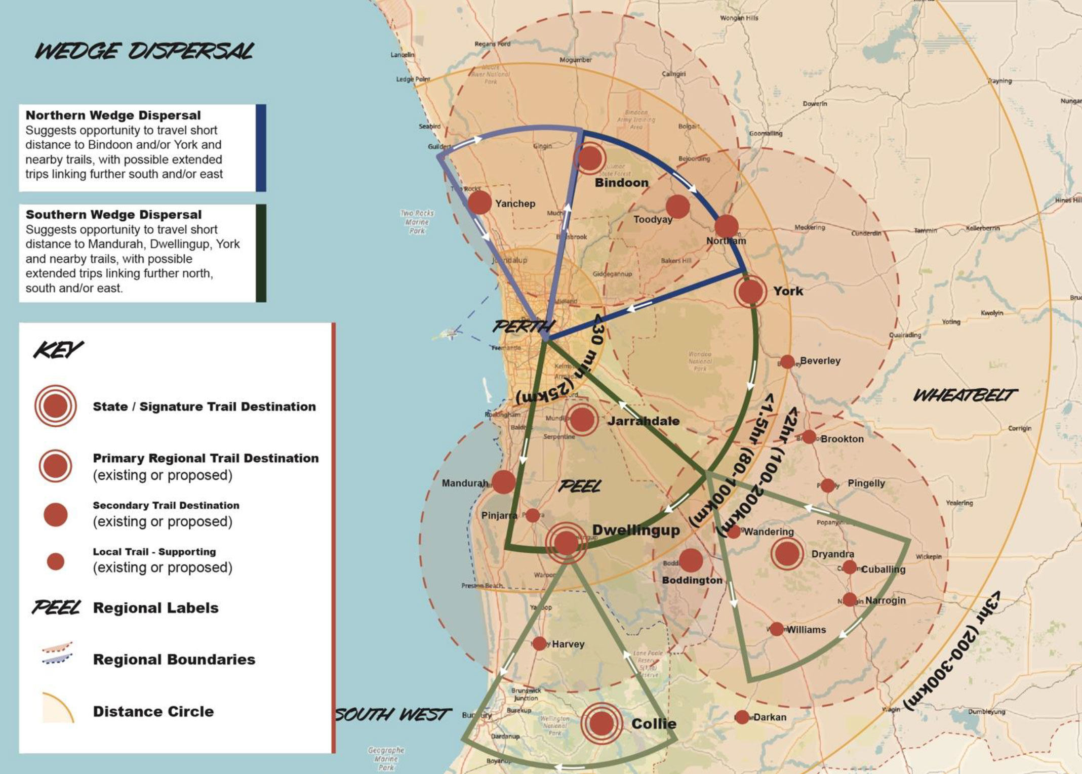 Map of part of WA with wedge dispersal lines drawn over Perth, Dwellingup, Dryandra and York